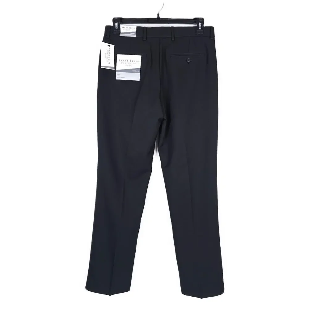 Perry Ellis Portfolio Mens Modern Fit Dress Pant 32x30 Black Solid Stretch Twill